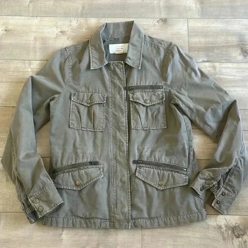 J.Crew Classic Twill Chino Full Zip Military Utility Cinch Jacket Brown Sz XS